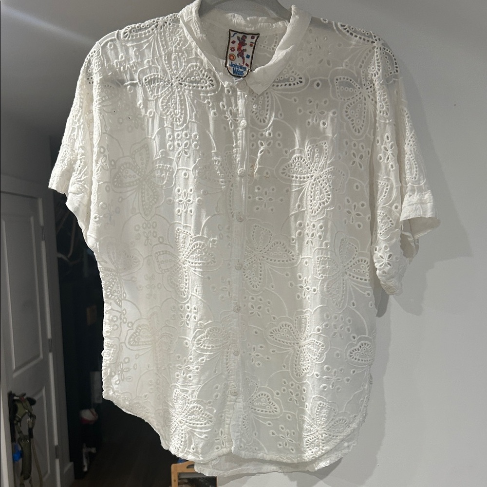 Johnny Was White Floral Eyelet Blouse